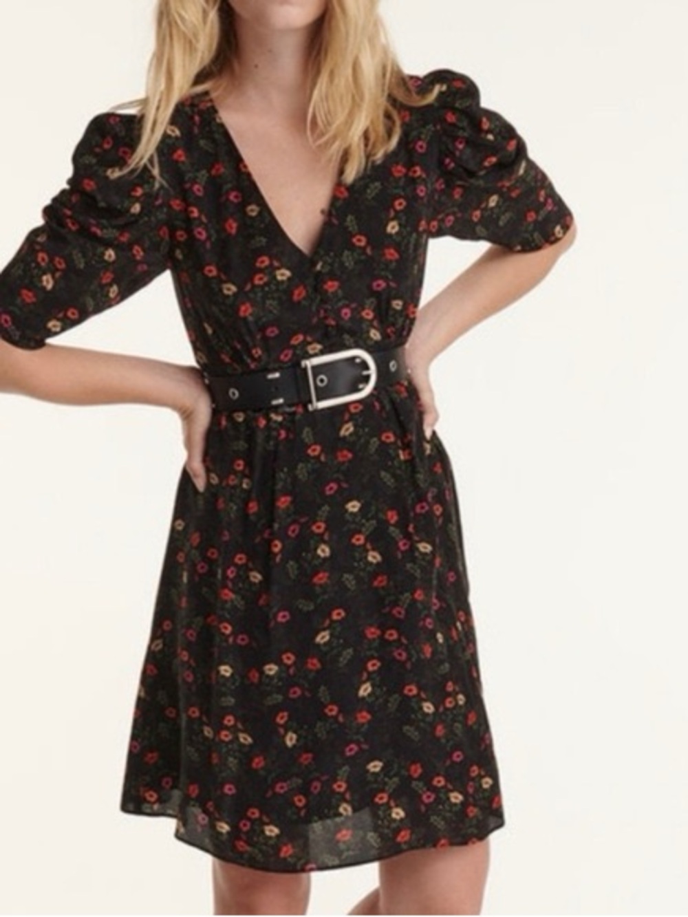 The Kooples Black Floral V-Neck Mini Dress with Puff Sleeves